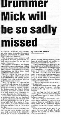 Newspaper article, 21 June 2017, by Christine Sexton of the Evening Echo, titled ‘Drummer Mick will be so sadly missed’