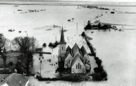 Floods encircling Foulness Church, Foulness Island 1953