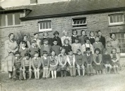 Foulness School 1954 *BACK ROW* 1 Mrs Dinah Nicholls (Infant Teacher) 2 Valerie Burroughs 3 Michael Hume 4 Brenda Burroughs 5 Dawn Belton 6 Jennifer Shinn 7 Rita Shuttlewood 8 Patricia Rawlings 9 Lesley Rippingale 10 Alan Dyer *MIDDLE ROW* 1 ? 2 David Blackhurst 3 John Lilley 4 