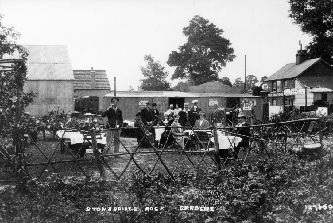 Picture shows the Shoulderstick on the right, Stonebridge Rose Garden and Tea Rooms in the centre (now demolished) and what looks like the barn on the left. St Timothy's was a temporary church established in the Stonebridge Tea Rooms during the War years.