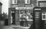 William Peters outside Peters Home Stores, 125 Shoebury Road, Great Wakering. Next door was his Baptist Mission Hall and the houses at the back left are in Seaview Drive.